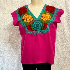 Artesanal Hand-Embroidered Fuchsia Floral V-Neck Women's Top